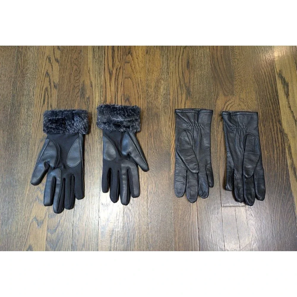 Women's Gloves Lot Of 2 Leather & Faux Leather Size Large Black EUC Warm Fur